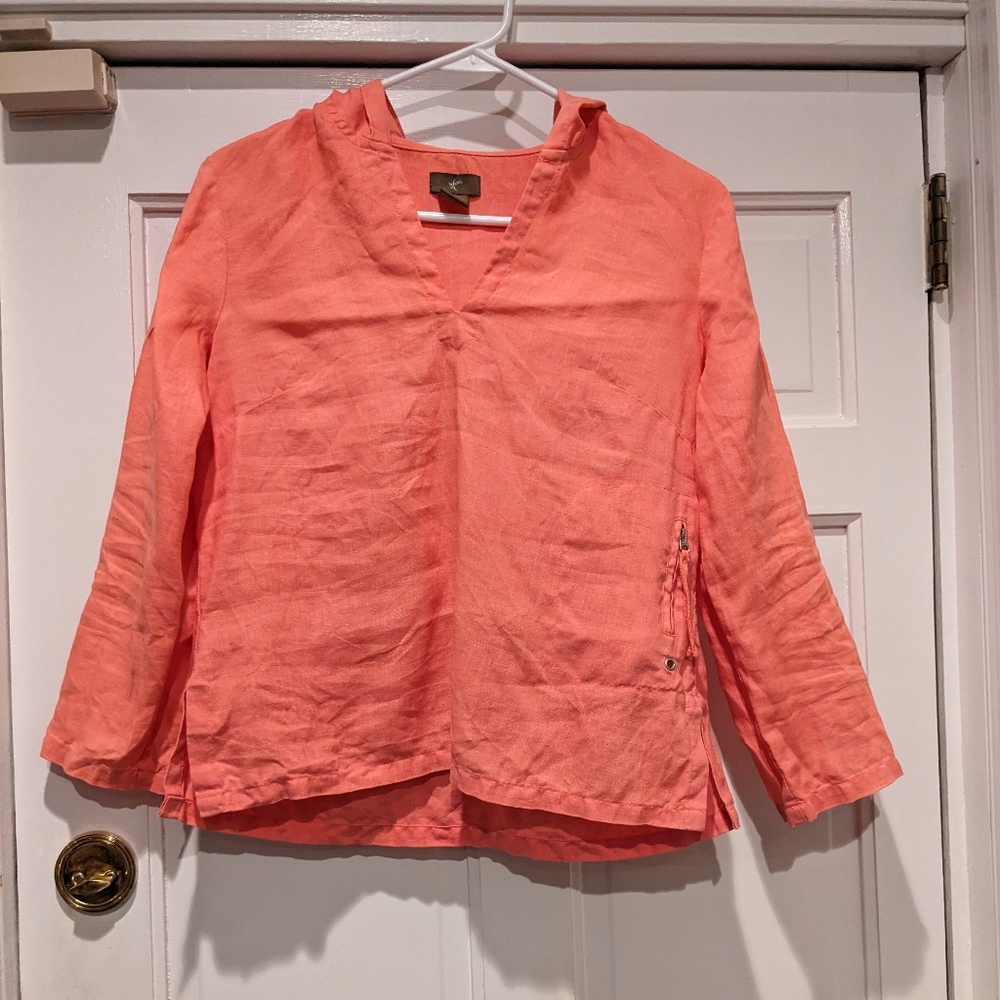 🌞Anthropologie pink 3/4-sleeve linen pullover v-neck hoodie (hooded top), Sz 4